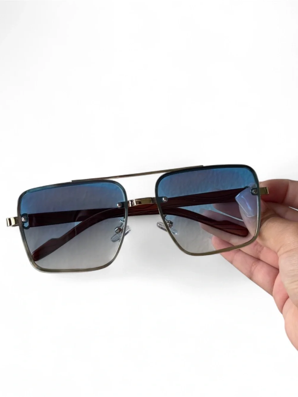 Gold-Frame Blue Lens Men’s Sunglasses with Brown Temple Tips